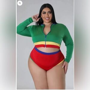 Women Island Girl Rasta Tings Tropical Long Sleeve Two-Piece Swimsuit Sz 2X NWT